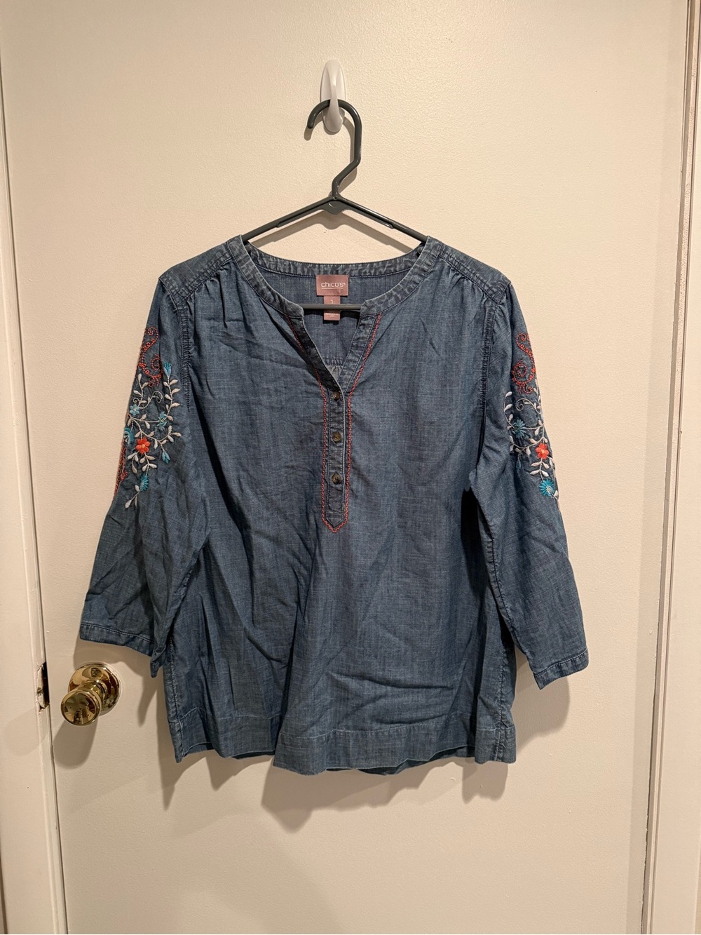 Chico’s Embroidered Chambray Henley Blouse